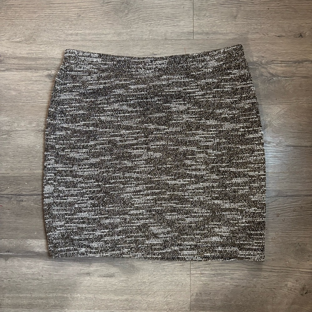 LOFT Black Brown & White Tweed Skirt | Mini Elastic Waist | Large Petite